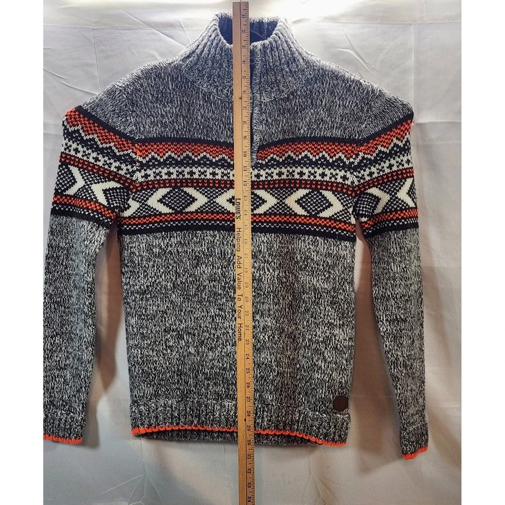 Vintage Men's Angelo Litrico Wool‎ Quarter Zip Sweater Gray Orange White Black S